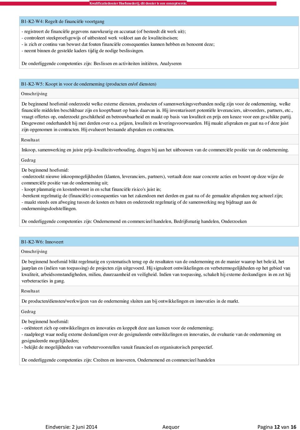 De onderliggende competenties zijn: Beslissen en activiteiten initiëren, Analyseren B1-K2-W5: Koopt in voor de onderneming (producten en/of diensten) De beginnend hoefsmid onderzoekt welke externe