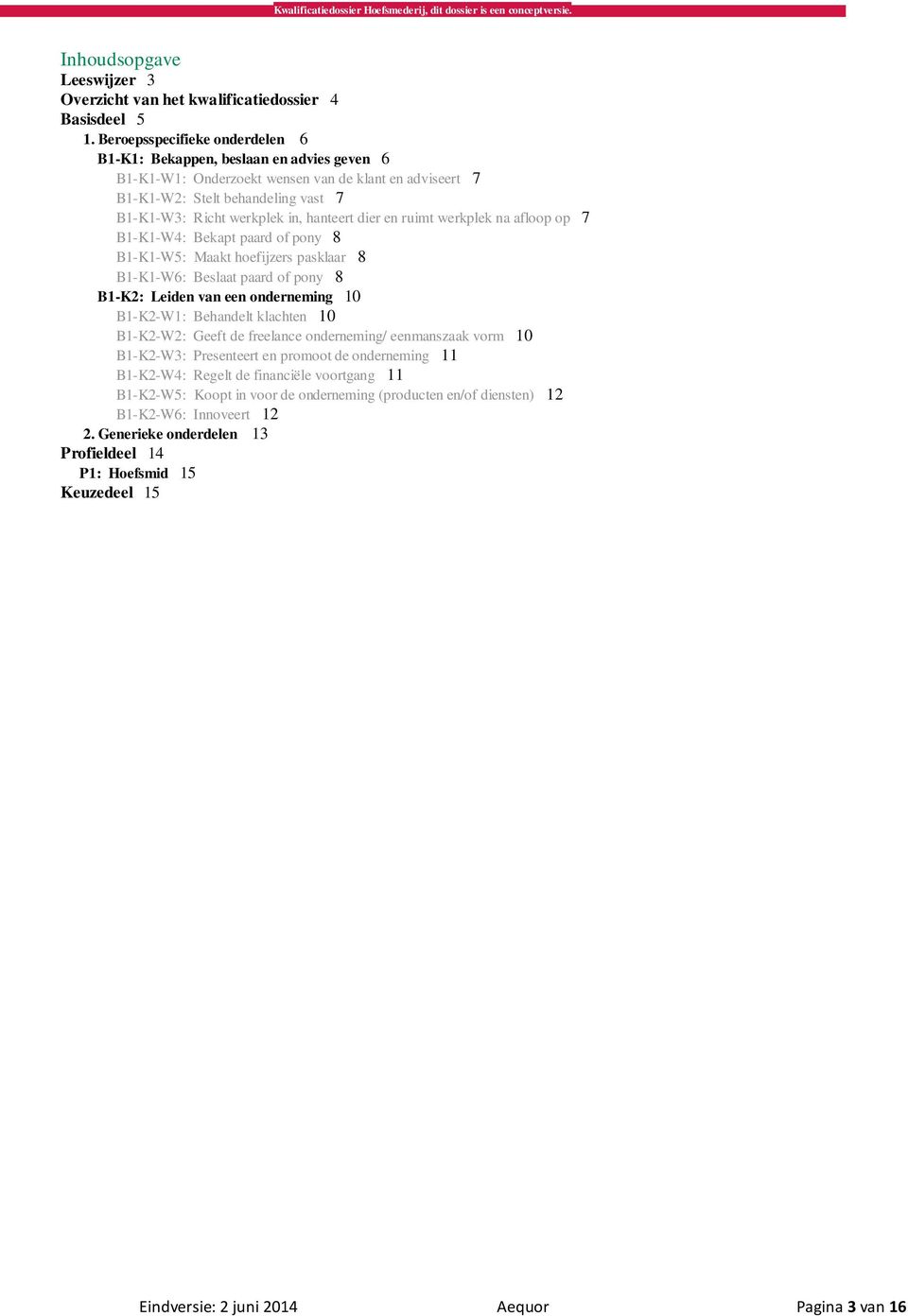 hanteert dier en ruimt werkplek na afloop op 7 B1-K1-W4: Bekapt paard of pony 8 B1-K1-W5: Maakt hoefijzers pasklaar 8 B1-K1-W6: Beslaat paard of pony 8 B1-K2: Leiden van een onderneming 10 B1-K2-W1: