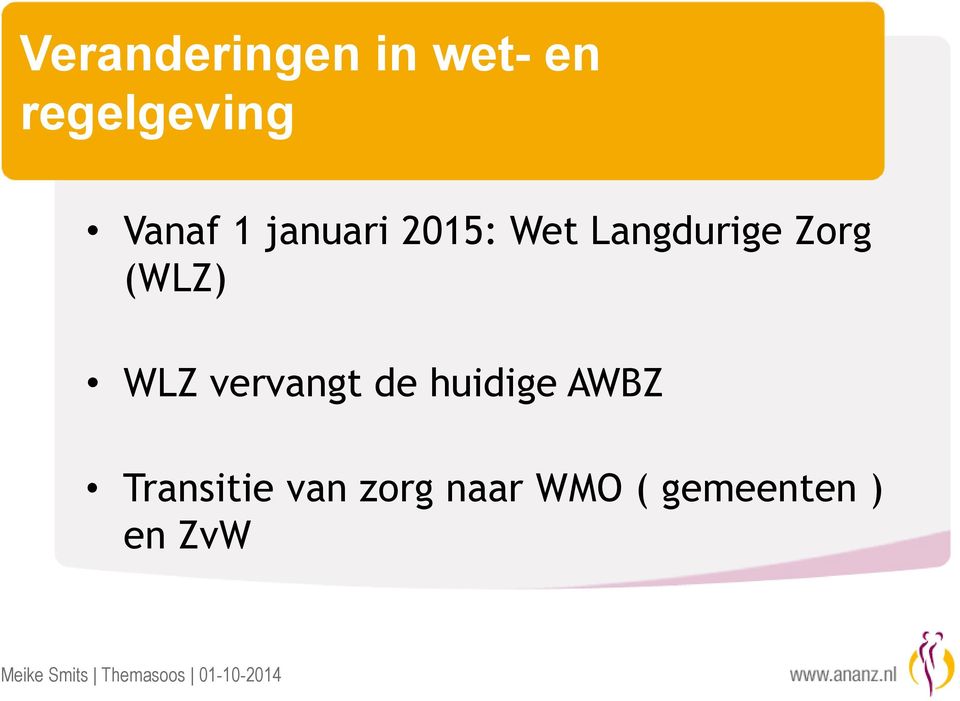 Zorg (WLZ) WLZ vervangt de huidige AWBZ