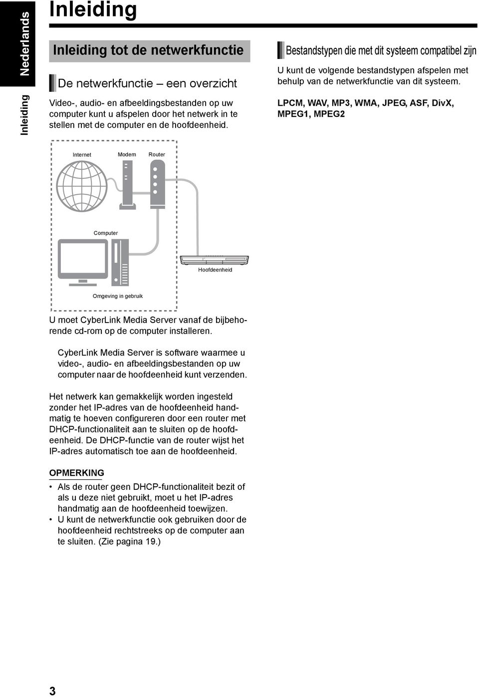 LPCM, WAV, MP3, WMA, JPEG, ASF, DivX, MPEG1, MPEG2 Internet Modem Router Computer Hoofdeenheid Omgeving in gebruik U moet CyberLink Media Server vanaf de bijbehorende cd-rom op de computer