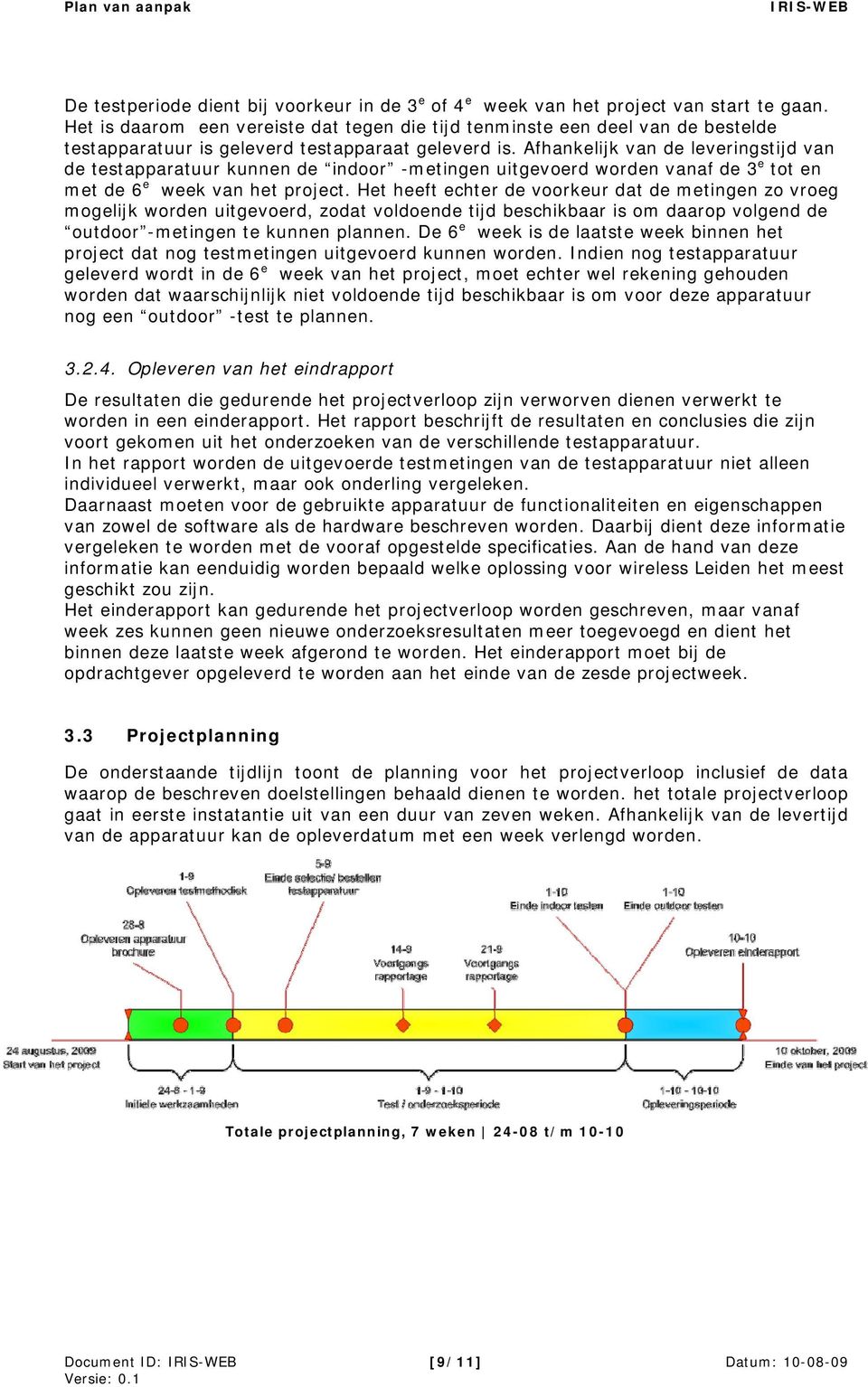 Afhankelijk van de leveringstijd van de testapparatuur kunnen de indoor -metingen uitgevoerd worden vanaf de 3 e tot en met de 6 e week van het project.