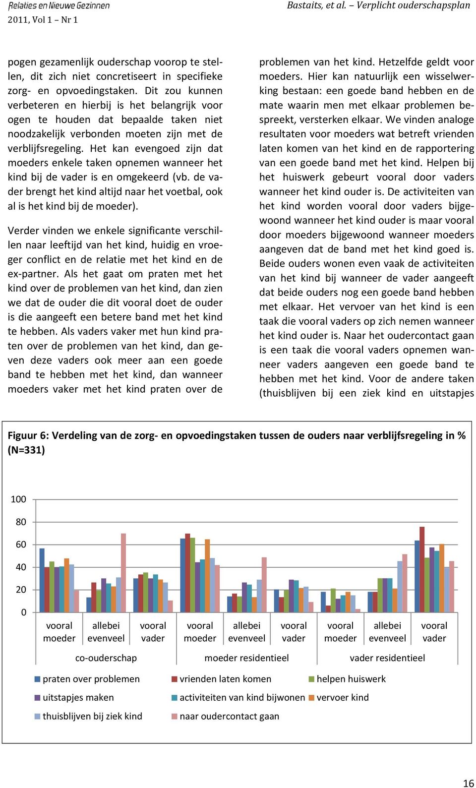 Het kan evengoed zijn dat moeders enkele taken opnemen wanneer het kind bij de vader is en omgekeerd (vb. de vader brengt het kind altijd naar het voetbal, ook al is het kind bij de moeder).