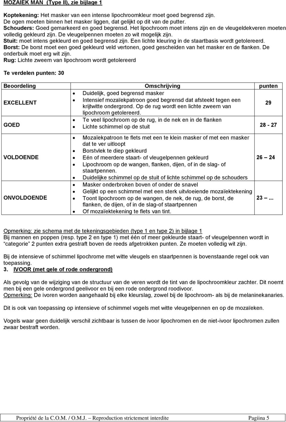 Stuit: moet intens gekleurd en goed begrensd zijn. Een lichte kleuring in de staartbasis wordt getolereerd.