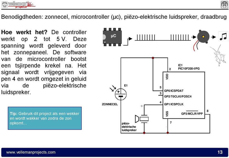 Het signaal wordt vrijgegeven via pen 4 en wordt omgezet in geluid via de piëzo-elektrische luidspreker.