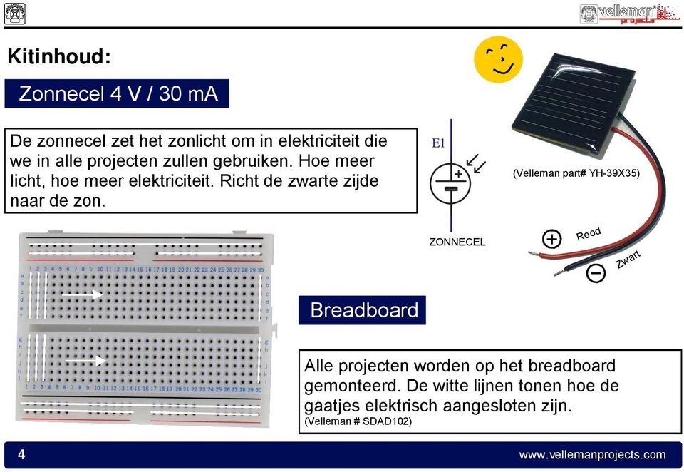 E1 (Velleman part# YH-39X35) ZONNECEL Rood Zwart Breadboard Alle projecten worden op het breadboard