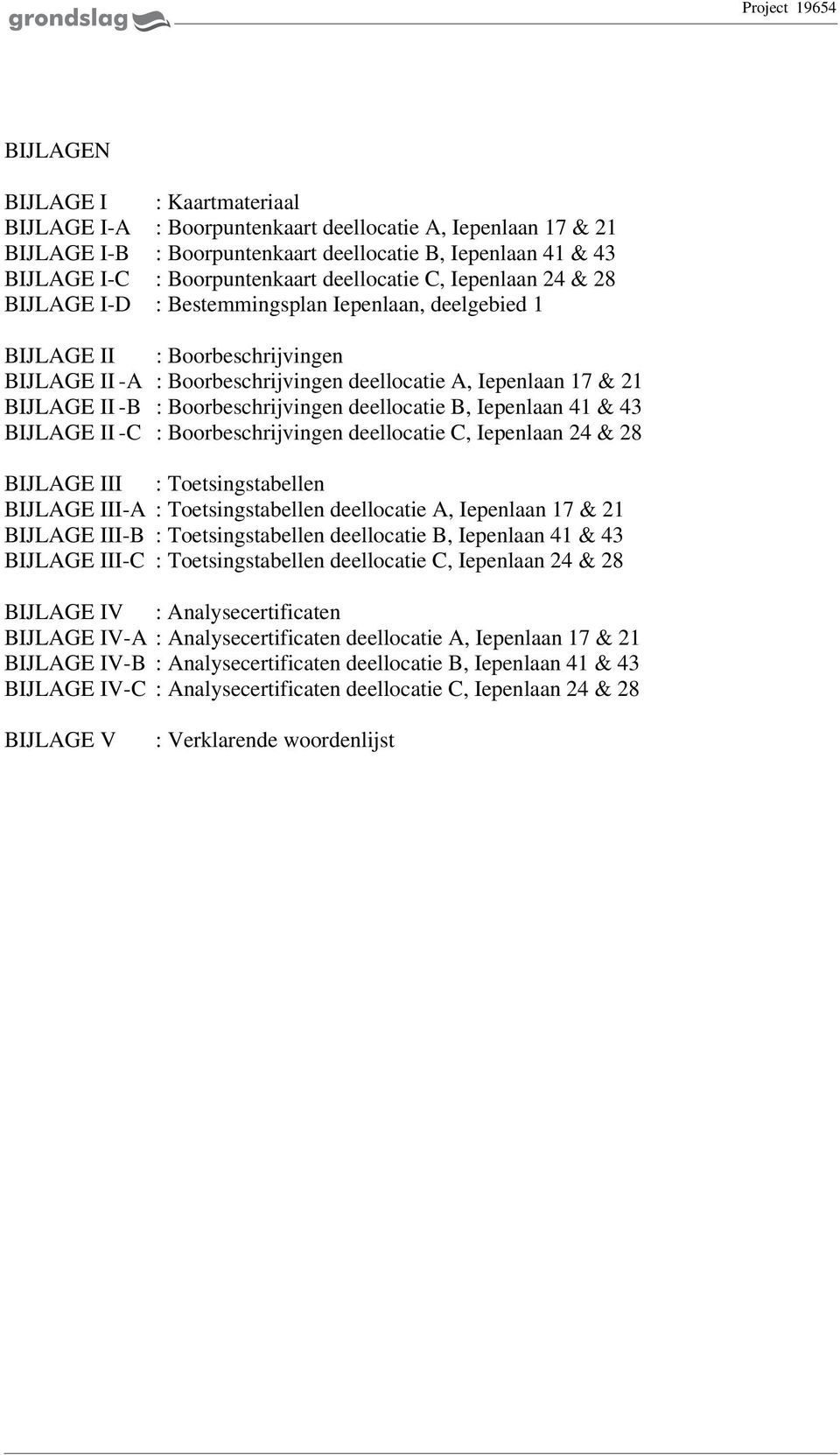 Boorbeschrijvingen deellocatie B, Iepenlaan 4 & 43 BIJLAGE II C : Boorbeschrijvingen deellocatie C, Iepenlaan 24 & 28 BIJLAGE III : Toetsingstabellen BIJLAGE IIIA : Toetsingstabellen deellocatie A,