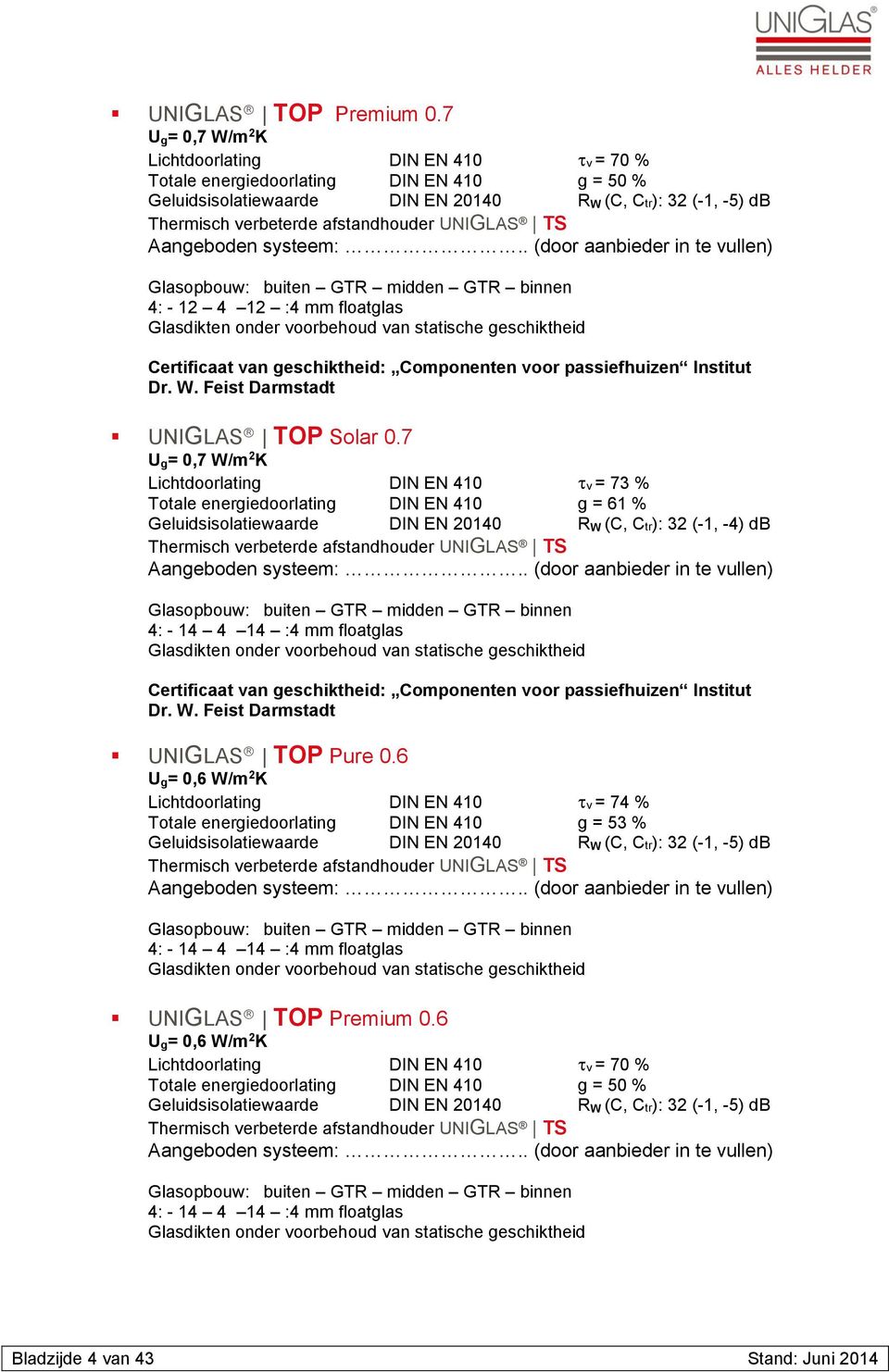 Certificaat van geschiktheid: Componenten voor passiefhuizen Institut Dr. W. Feist Darmstadt UNIGLAS TOP Solar 0.