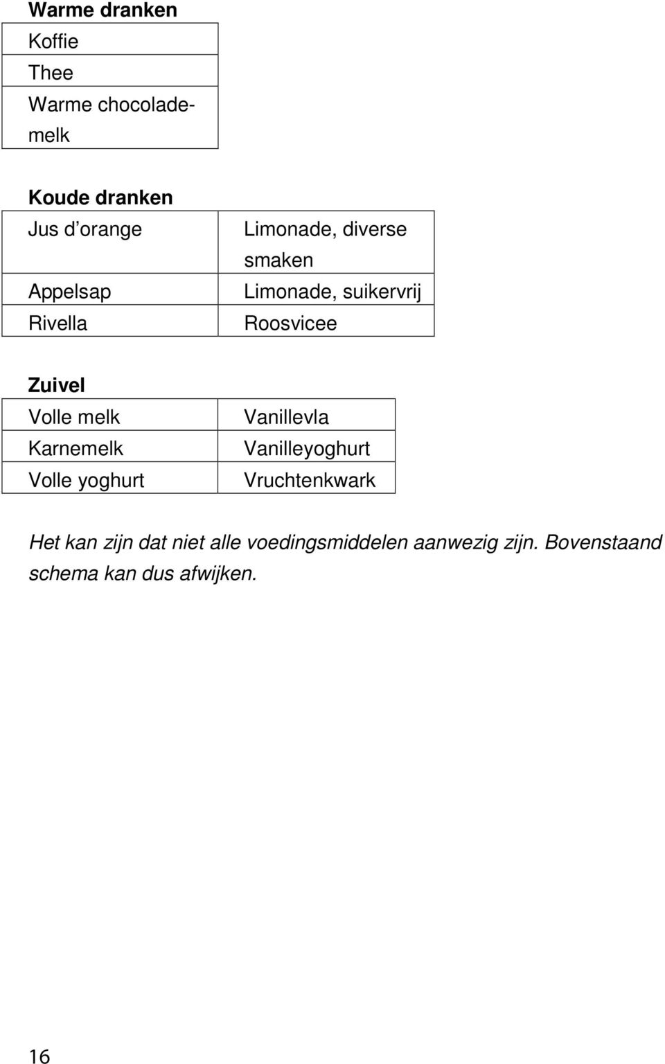 Karnemelk Volle yoghurt Vanillevla Vanilleyoghurt Vruchtenkwark Het kan zijn dat