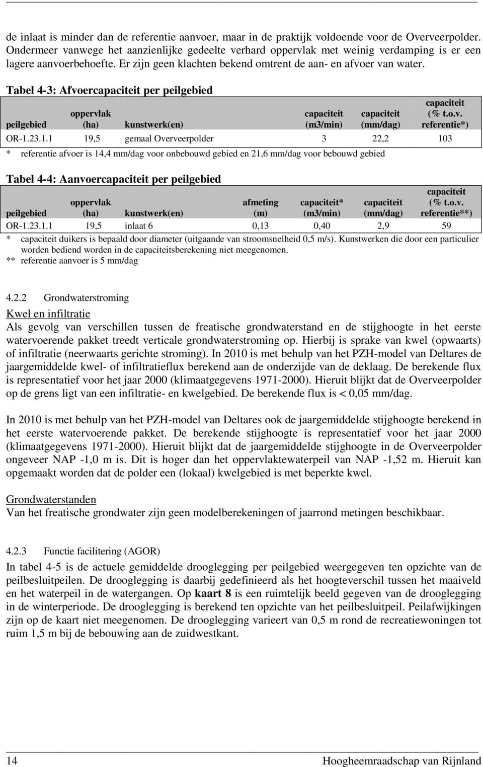 Tabel 4-3: Afvoercapaciteit per peilgebied peilgebied oppervlak (ha) kunstwerk(en) capaciteit (m3/min) capaciteit (mm/dag) capaciteit (% t.o.v. referentie*) OR-1.