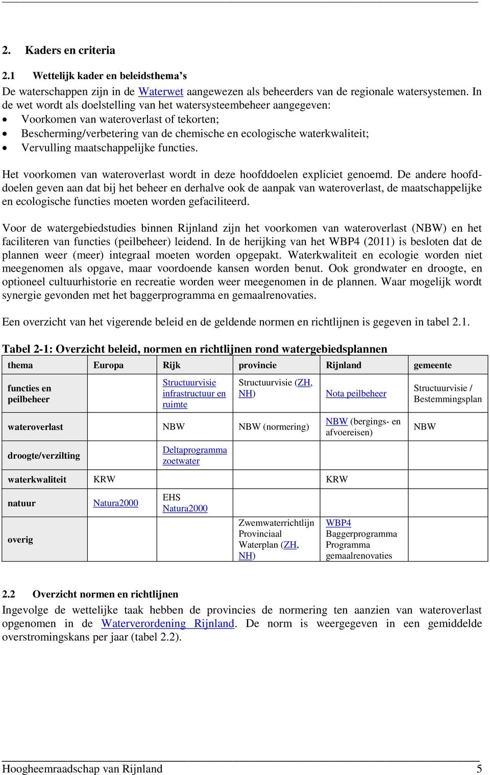 maatschappelijke functies. Het voorkomen van wateroverlast wordt in deze hoofddoelen expliciet genoemd.