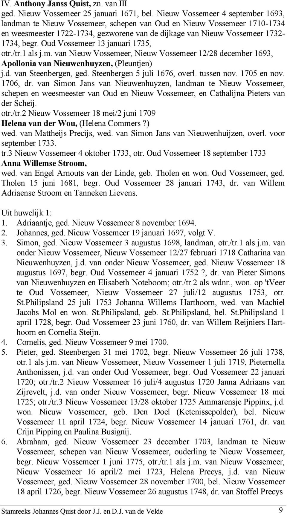 Oud Vossemeer 13 januari 1735, otr./tr.1 als j.m. van Nieuw Vossemeer, Nieuw Vossemeer 12/28 december 1693, Apollonia van Nieuwenhuyzen, (Pleuntjen) j.d. van Steenbergen, ged.