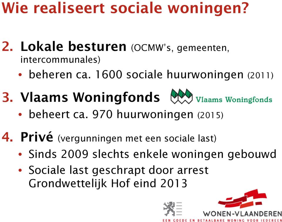 1600 sociale huurwoningen (2011) 3. Vlaams Woningfonds beheert ca.