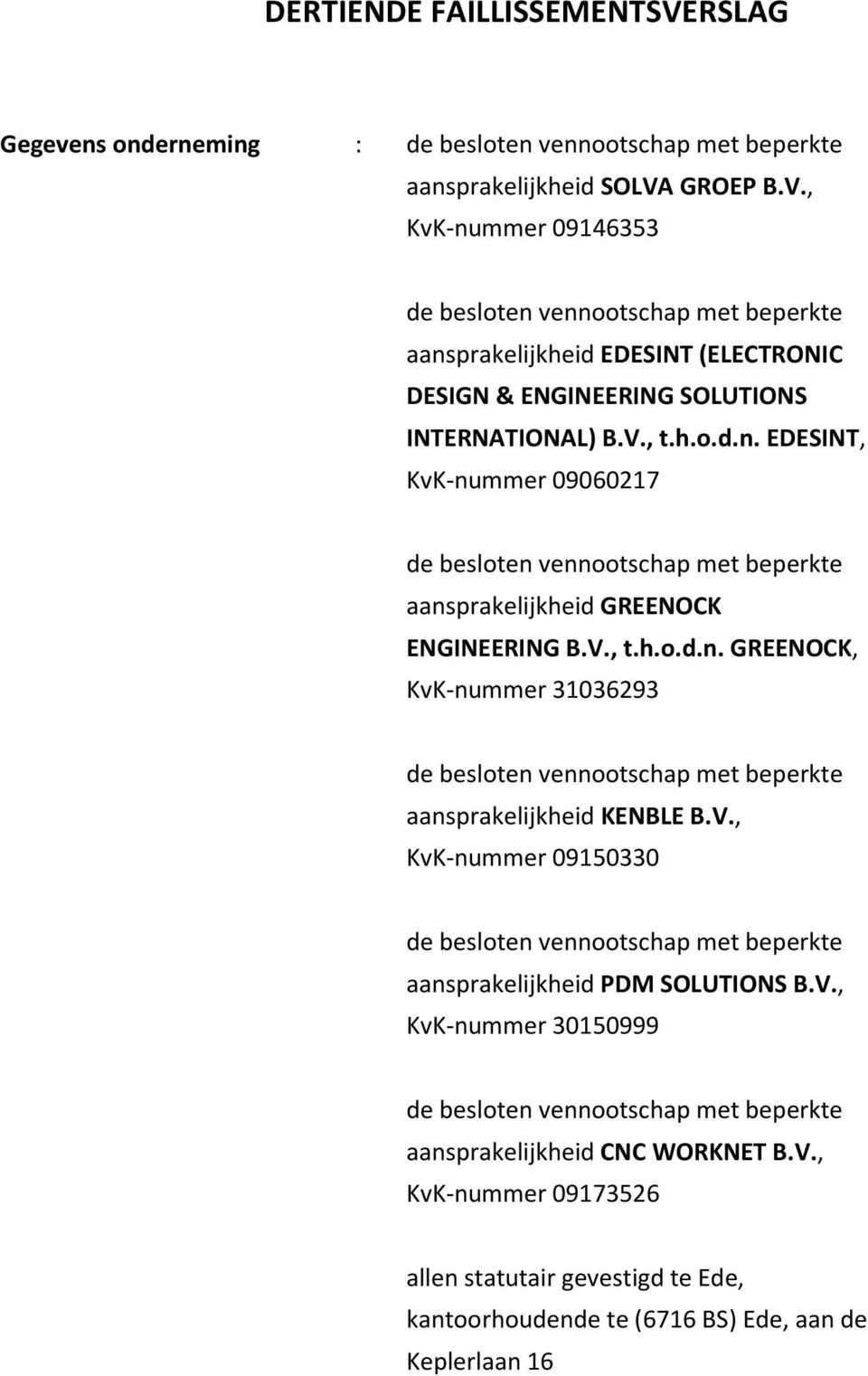 V., KvK-nummer 09150330 aansprakelijkheid PDM SOLUTIONS B.V., KvK-nummer 30150999 aansprakelijkheid CNC WORKNET B.V., KvK-nummer 09173526 allen statutair gevestigd te Ede, kantoorhoudende te (6716 BS) Ede, aan de Keplerlaan 16