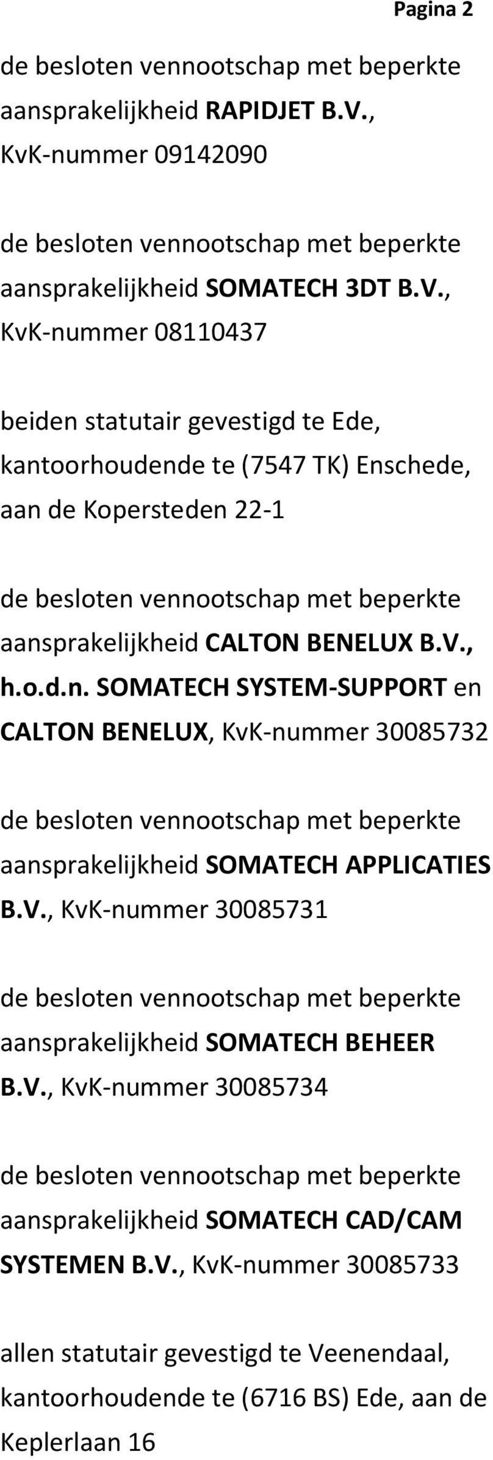 , KvK-nummer 08110437 beiden statutair gevestigd te Ede, kantoorhoudende te (7547 TK) Enschede, aan de Kopersteden 22-1 aansprakelijkheid CALTON BENELUX B.