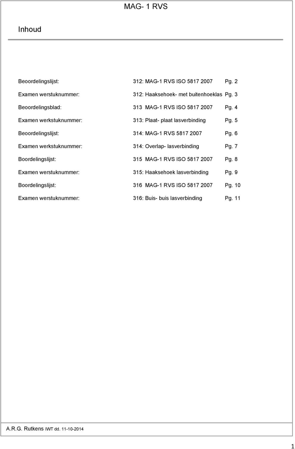 5 Beoordelingslijst: 314: MAG-1 RVS 5817 2007 Pg. 6 Examen werkstuknummer: 314: Overlap- lasverinding Pg.