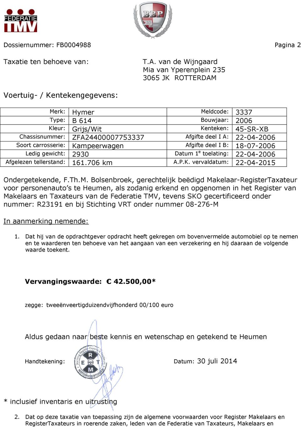 ZFA24400007753337 Afgifte deel I A: 22-04-2006 Soort carrosserie: Kampeerwagen Afgifte deel I B: 18-07-2006 Ledig gewicht: 2930 Datum 1 e toelating: 22-04-2006 Afgelezen tellerstand: 161.706 km A.P.K. vervaldatum: 22-04-2015 Ondergetekende, F.