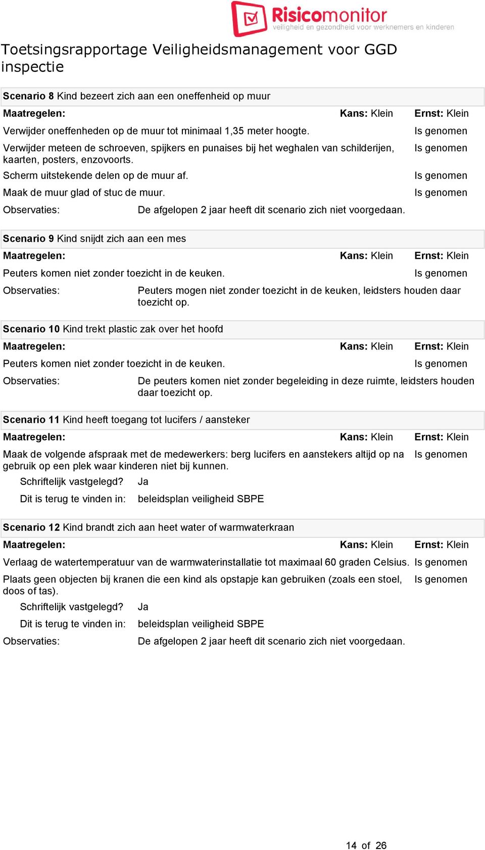 De afgelopen 2 jaar heeft dit scenario zich niet voorgedaan. Scenario 9 Kind snijdt zich aan een mes Peuters komen niet zonder toezicht in de keuken.