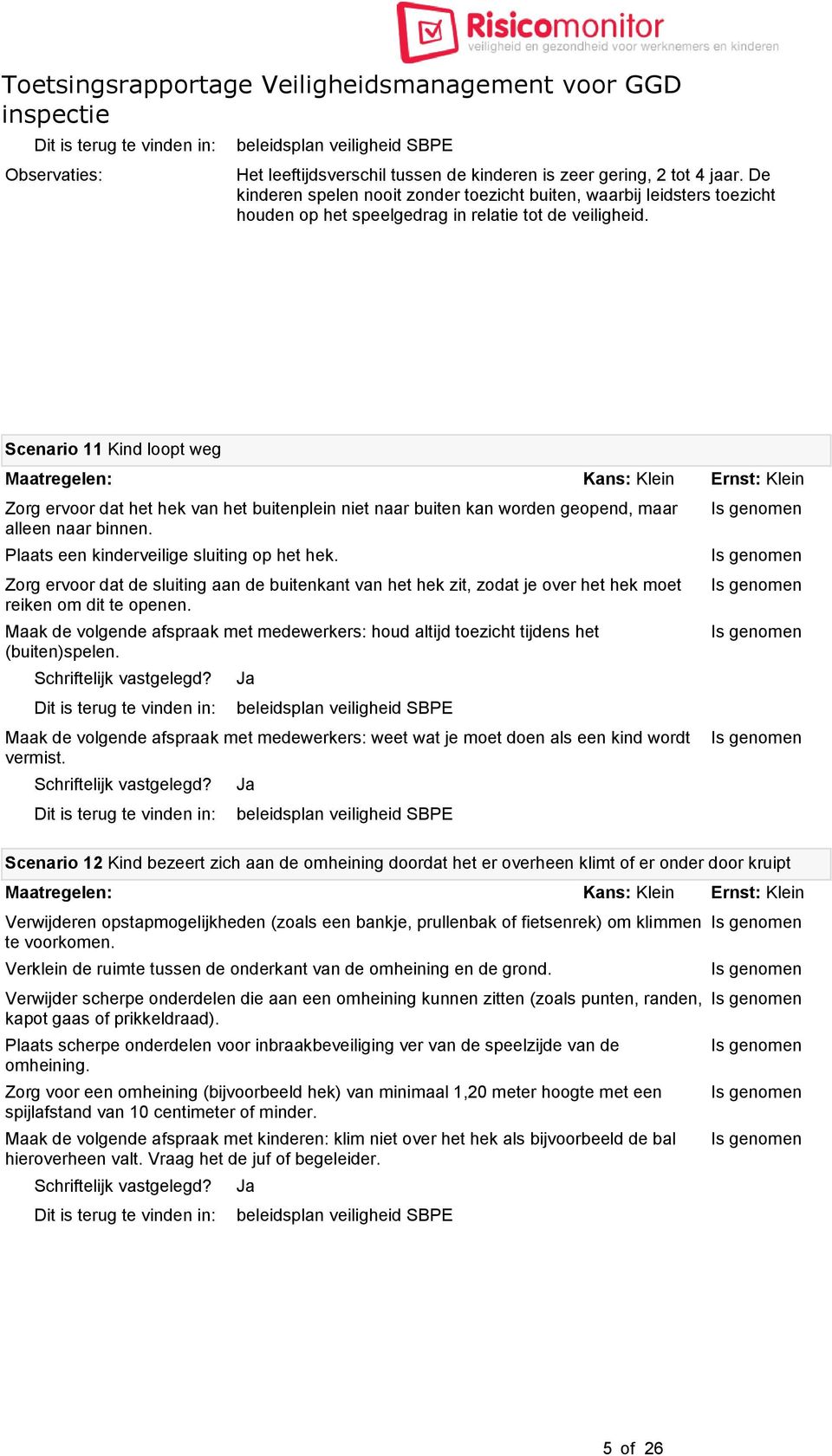 Scenario 11 Kind loopt weg Zorg ervoor dat het hek van het buitenplein niet naar buiten kan worden geopend, maar alleen naar binnen. Plaats een kinderveilige sluiting op het hek.