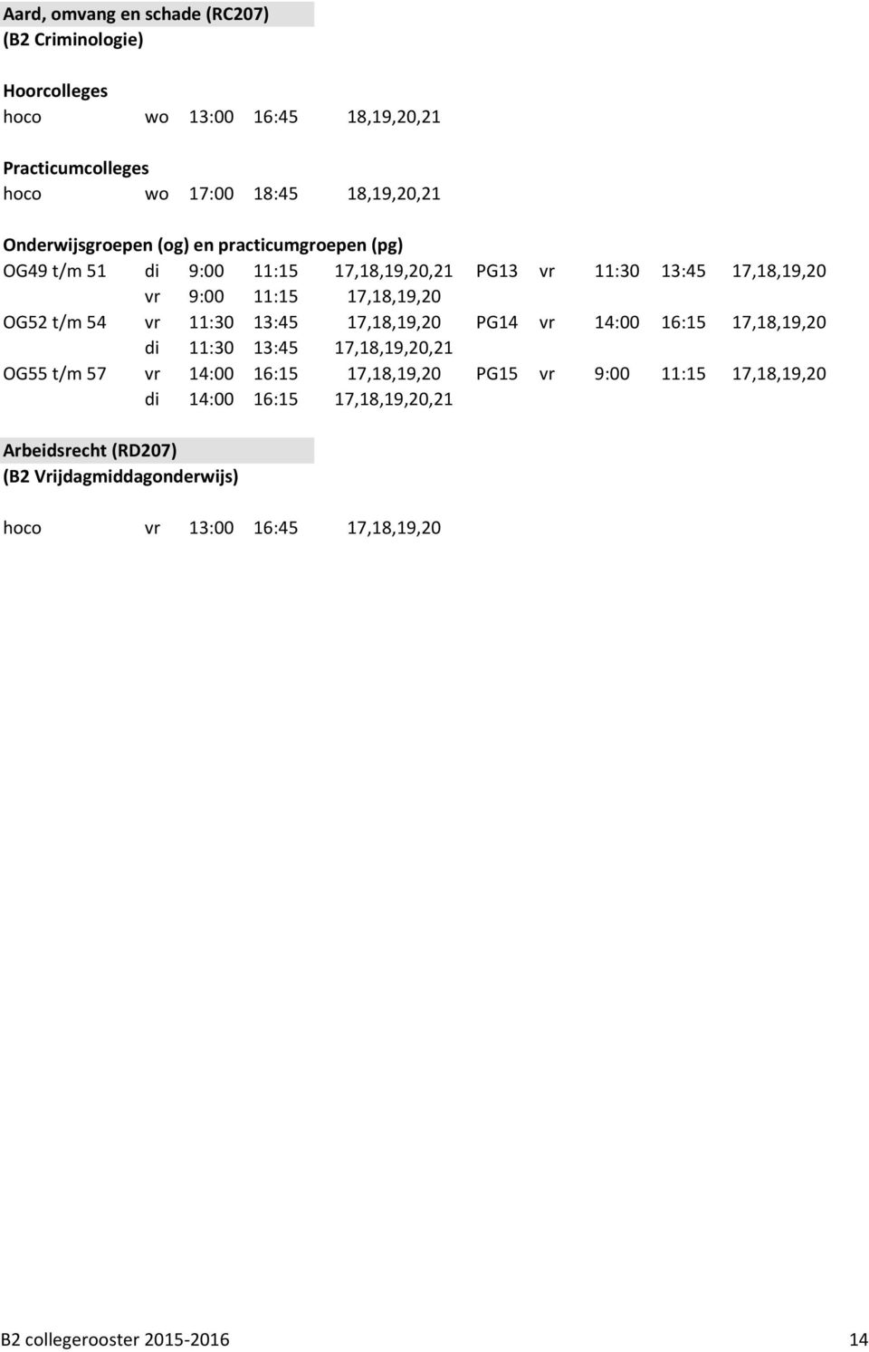 14:00 16:15 17,18,19,20 di 11:30 13:45 17,18,19,20,21 OG55 t/m 57 vr 14:00 16:15 17,18,19,20 PG15 vr 9:00 11:15 17,18,19,20 di