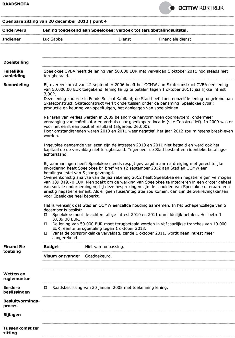 Bij overeenkomst van 12 september 2006 heeft het OCMW aan Skateconstruct CVBA een lening van 50.000,00 EUR toegekend, lening terug te betalen tegen 1 oktober 2011; jaarlijkse intrest 3,90%.