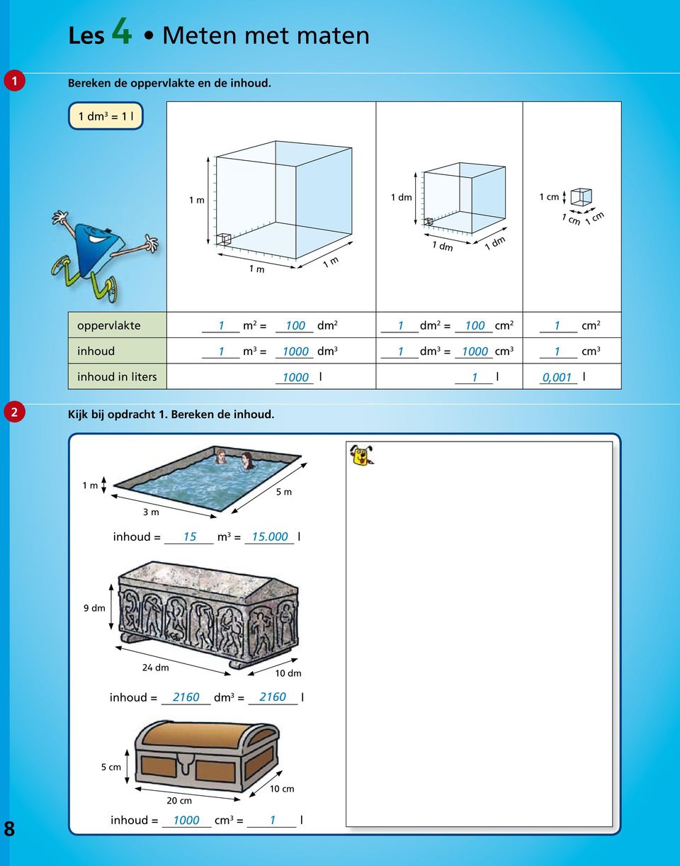 dm 3 dm 3 = cm 3 cm 3 inhoud in liters l l, l Kijk bij opdracht.