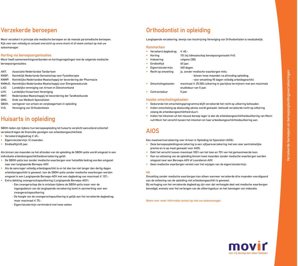 Korting via beroepsorganisaties Movir heeft samenwerkingsverbanden en kortingsregelingen met de volgende medische beroepsorganisaties: ANT: Associatie Nederlandse Tandartsen KNGF: Koninklijk
