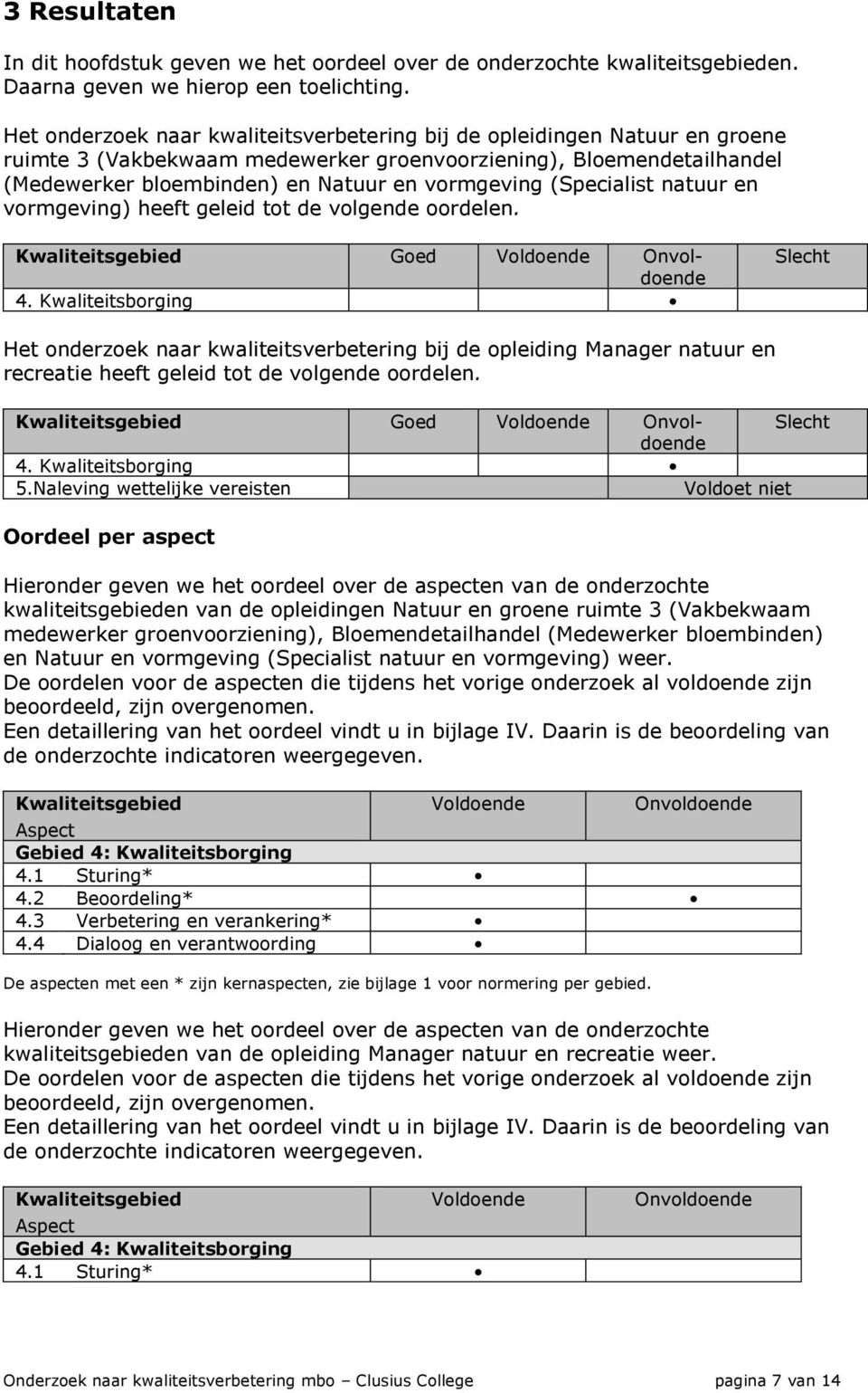 (Specialist natuur en vormgeving) heeft geleid tot de volgende oordelen. Kwaliteitsgebied Goed Voldoende Onvoldoende 4.