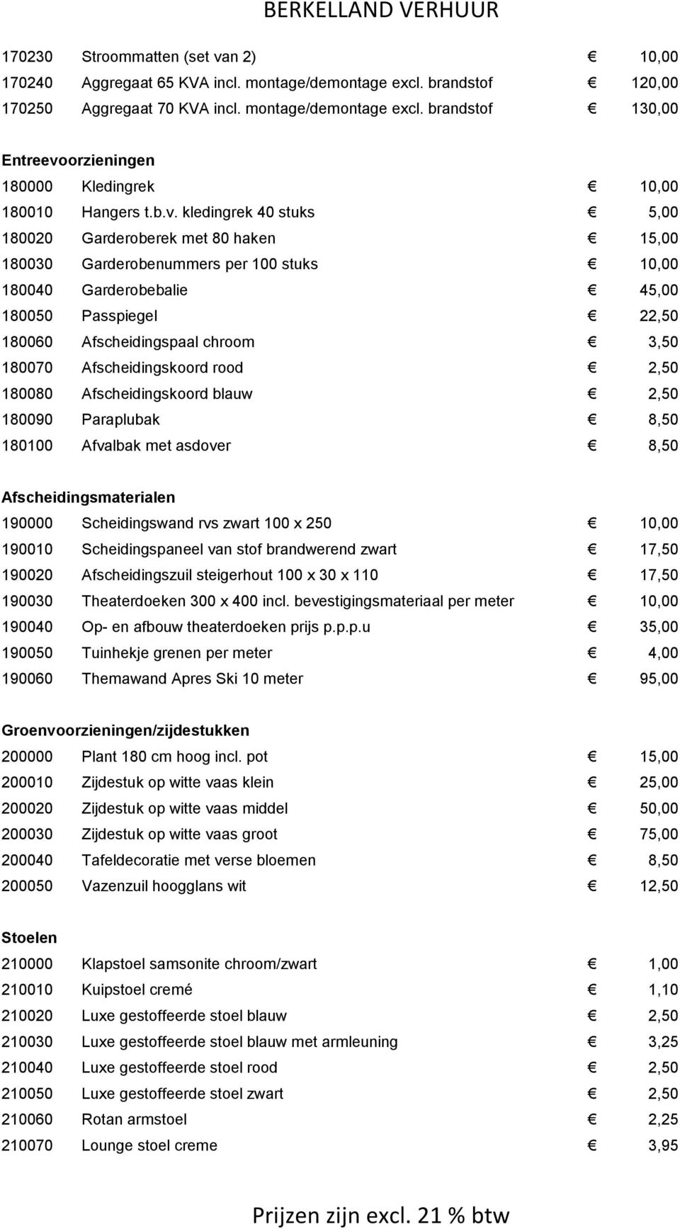 3,50 180070 Afscheidingskoord rood 2,50 180080 Afscheidingskoord blauw 2,50 180090 Paraplubak 8,50 180100 Afvalbak met asdover 8,50 Afscheidingsmaterialen 190000 Scheidingswand rvs zwart 100 x 250