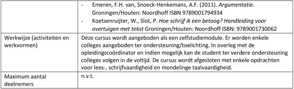 Handleiding voor overtuigen met tekst Groningen/Houten: Noordhoff ISBN: 9789001730062 Deze cursus wordt aangeboden als een zelfstudiemodule.