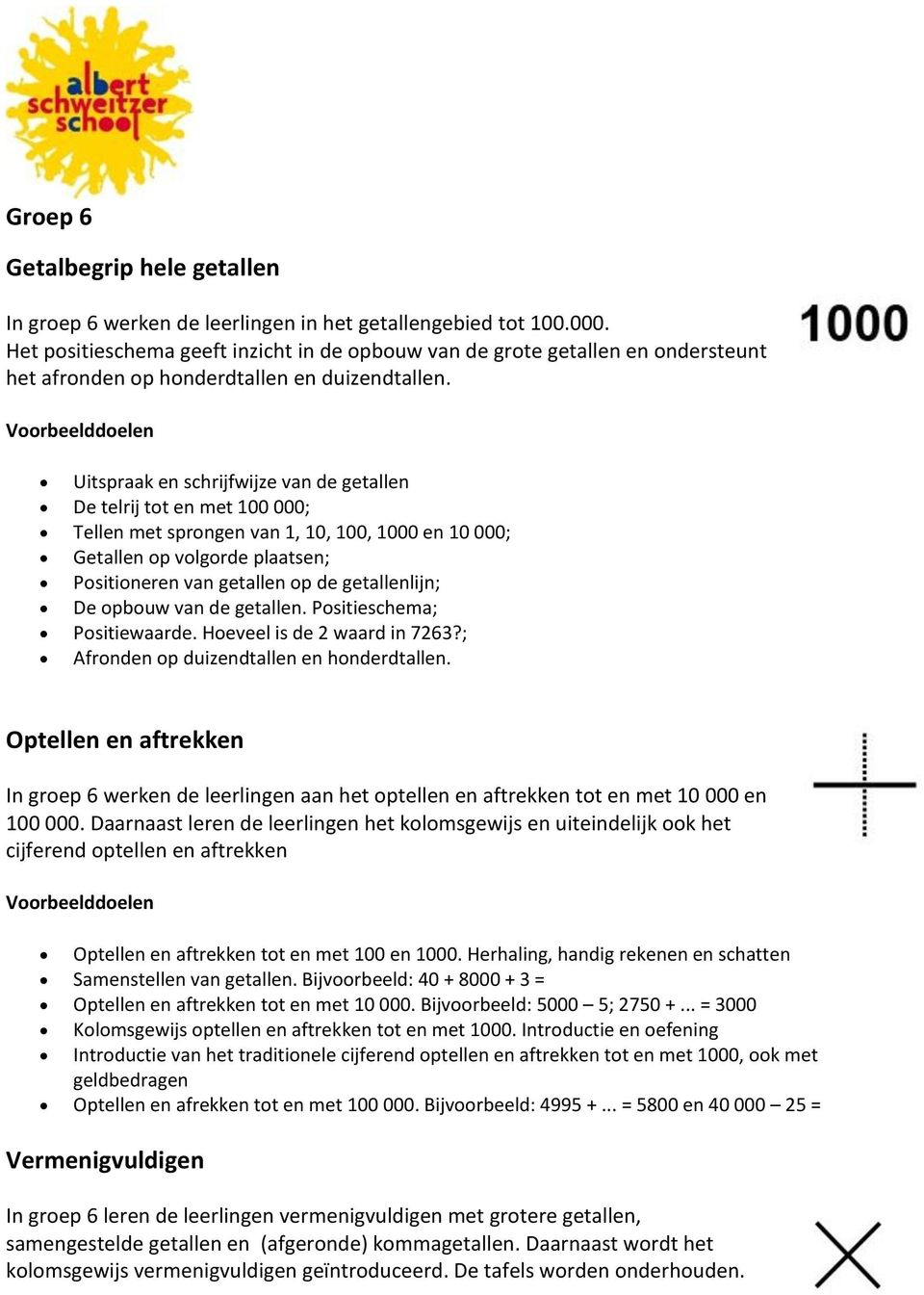 Uitspraak en schrijfwijze van de getallen De telrij tot en met 100 000; Tellen met sprongen van 1, 10, 100, 1000 en 10 000; Getallen op volgorde plaatsen; Positioneren van getallen op de