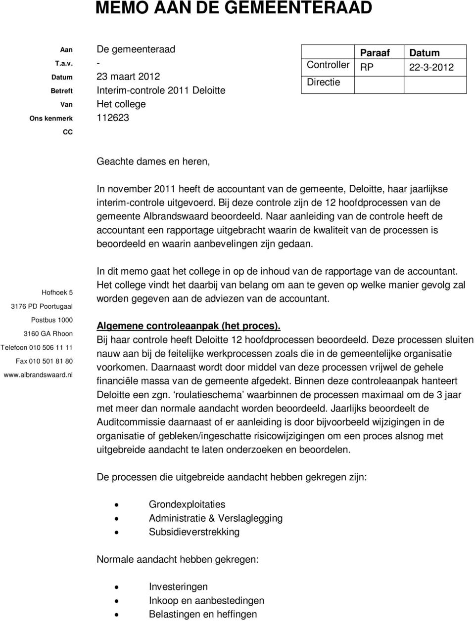 2011 heeft de accountant van de gemeente, Deloitte, haar jaarlijkse interim-controle uitgevoerd. Bij deze controle zijn de 12 hoofdprocessen van de gemeente Albrandswaard beoordeeld.