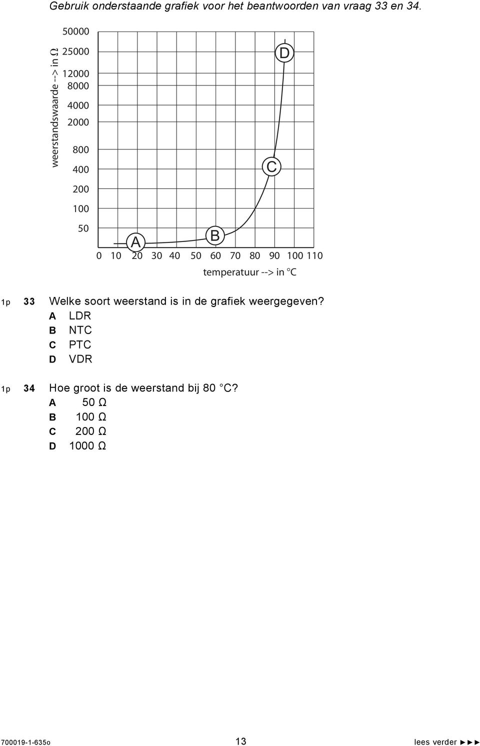 50 60 70 80 90 100 110 temperatuur --> in C 1p 33 Welke soort weerstand is in de grafiek