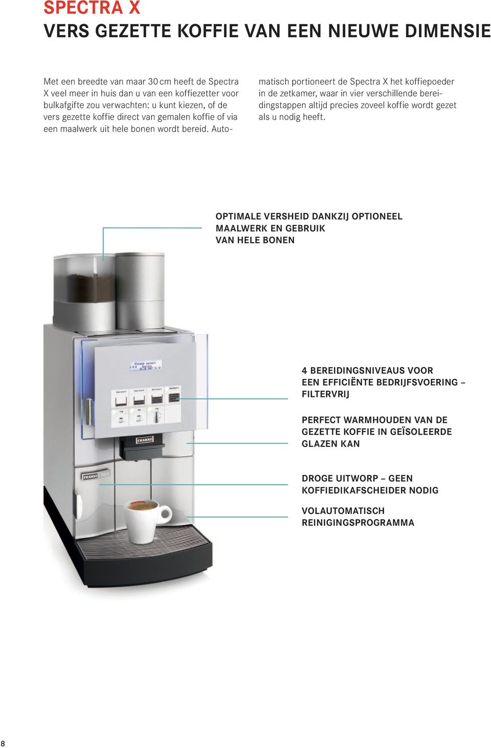 Automatisch portioneert de Spectra X het koffiepoeder in de zetkamer, waar in vier verschillende bereidingstappen altijd precies zoveel koffie wordt gezet als u nodig heeft.