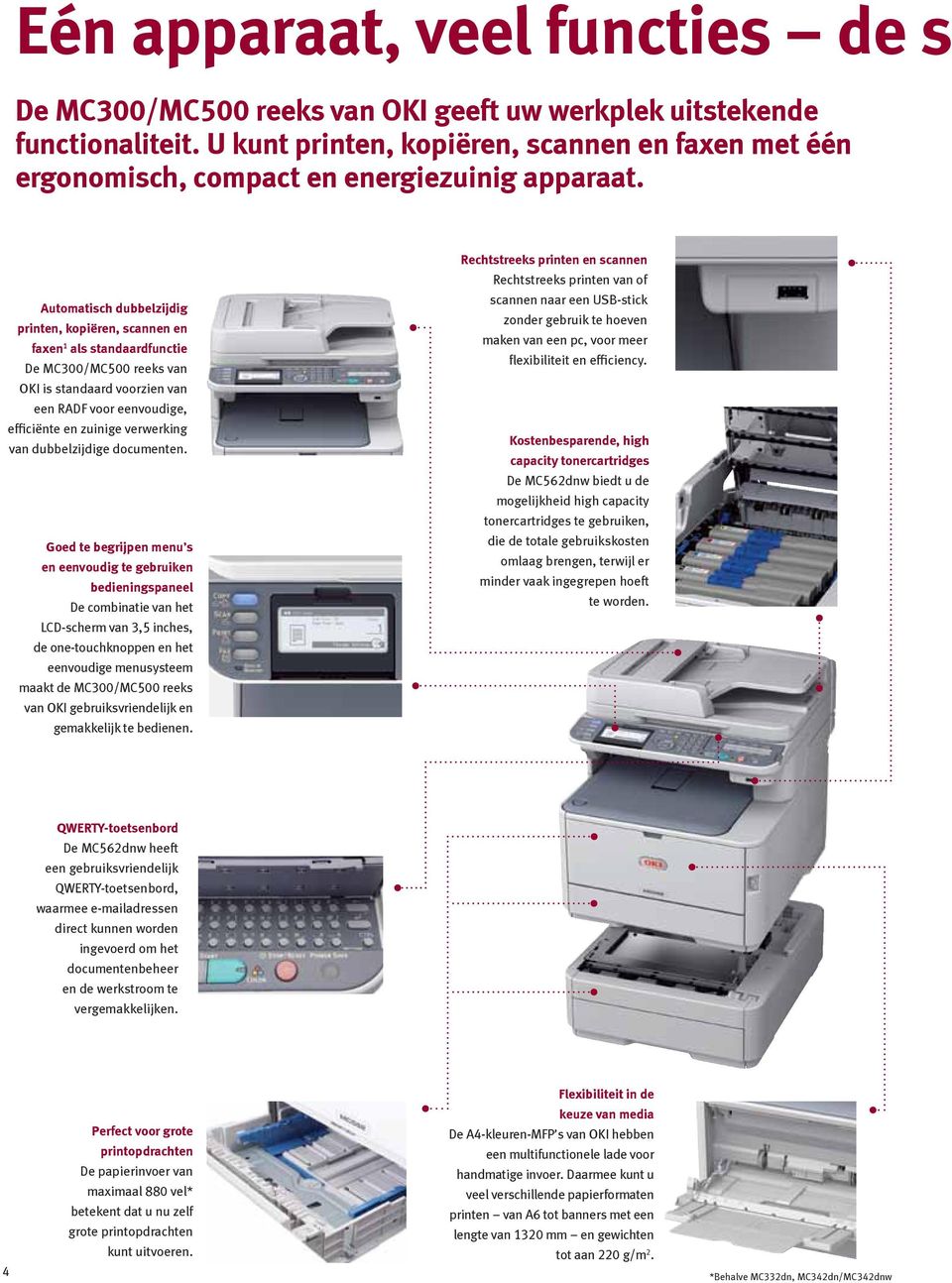 Automatisch dubbelzijdig printen, kopiëren, scannen en faxen 1 als standaardfunctie De MC300/MC500 reeks van OKI is standaard voorzien van een RADF voor eenvoudige, efficiënte en zuinige verwerking