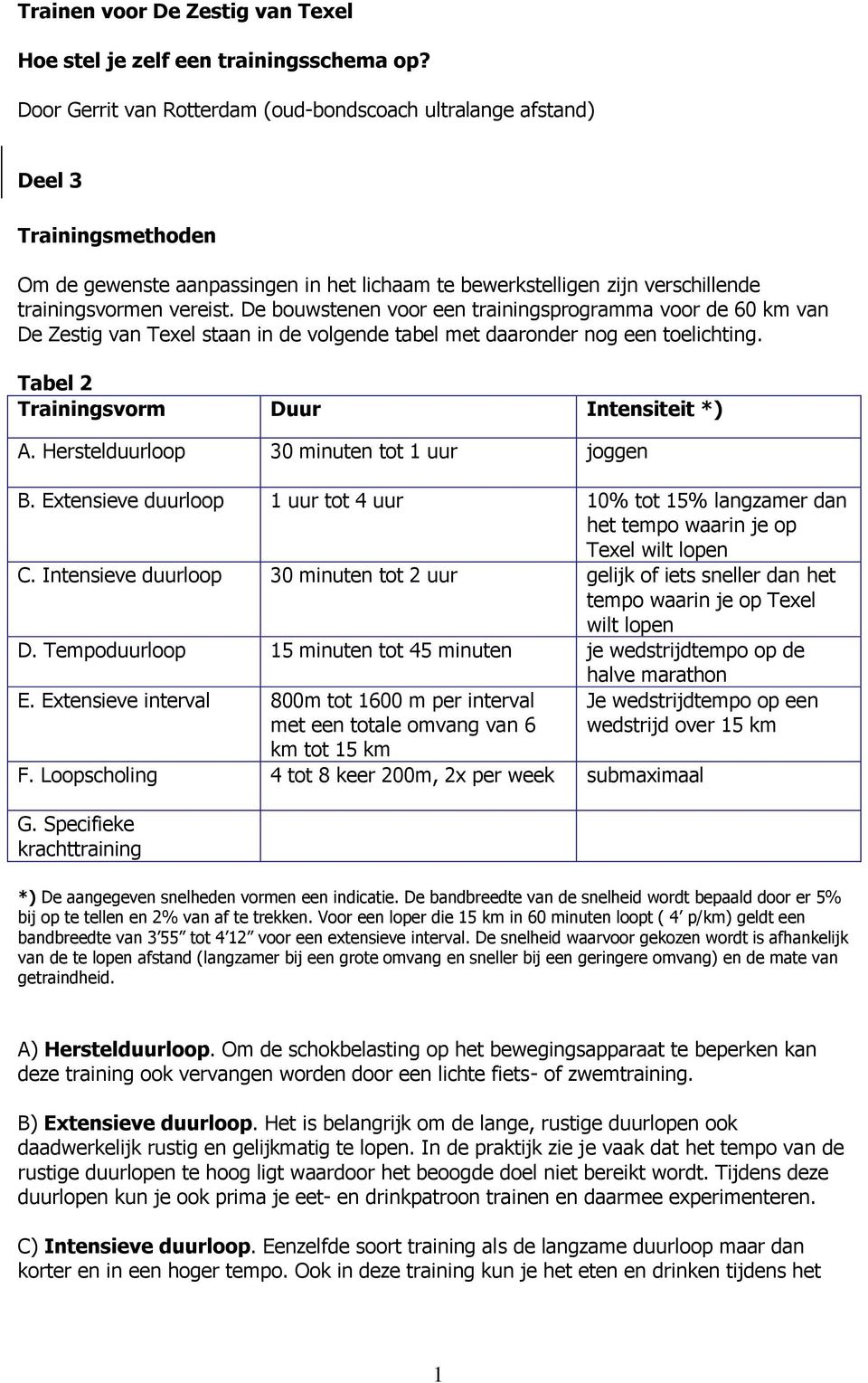 De bouwstenen voor een trainingsprogramma voor de 60 km van De Zestig van Texel staan in de volgende tabel met daaronder nog een toelichting. Tabel 2 Trainingsvorm Duur Intensiteit *) A.