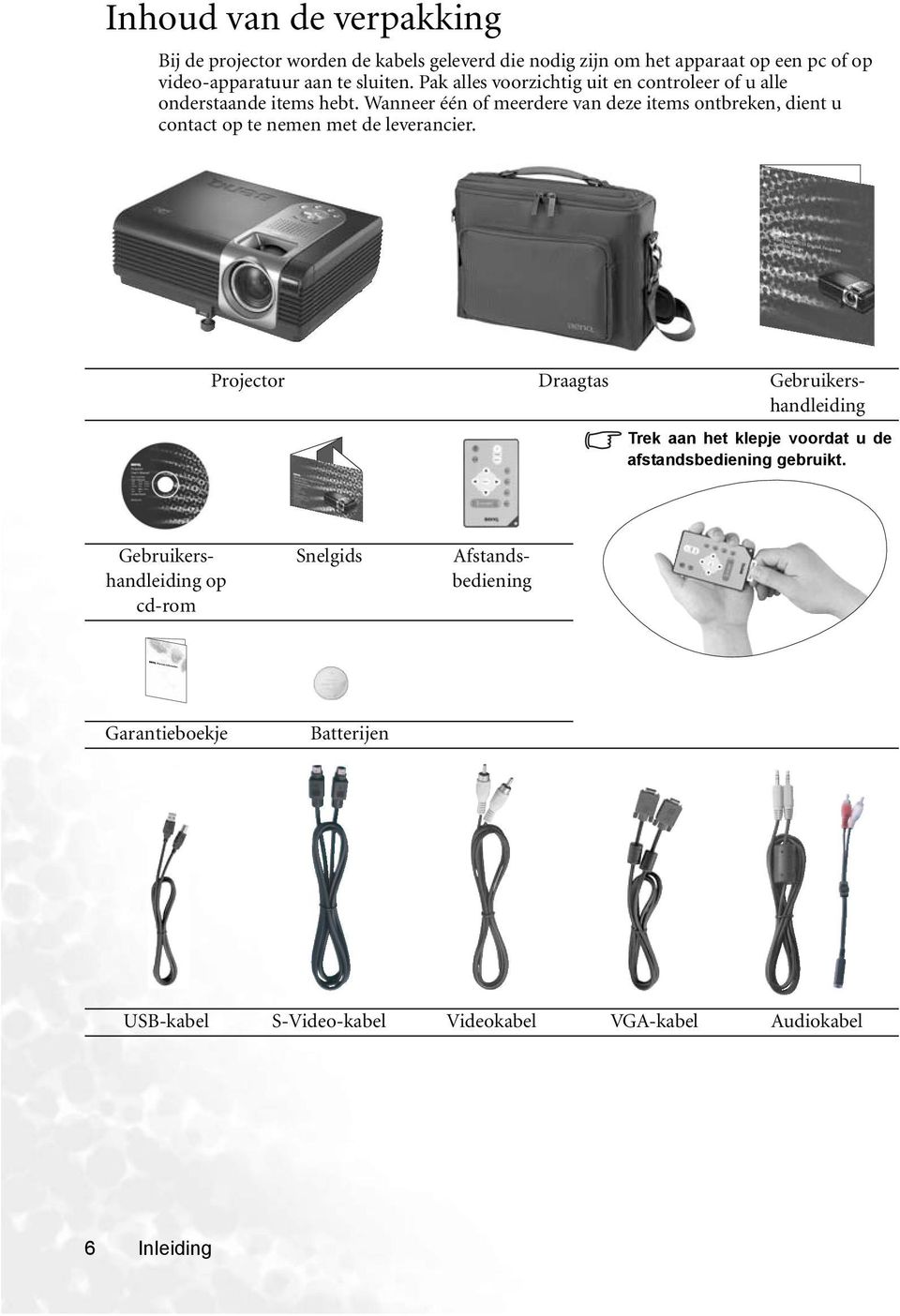 Wanneer één of meerdere van deze items ontbreken, dient u contact op te nemen met de leverancier.