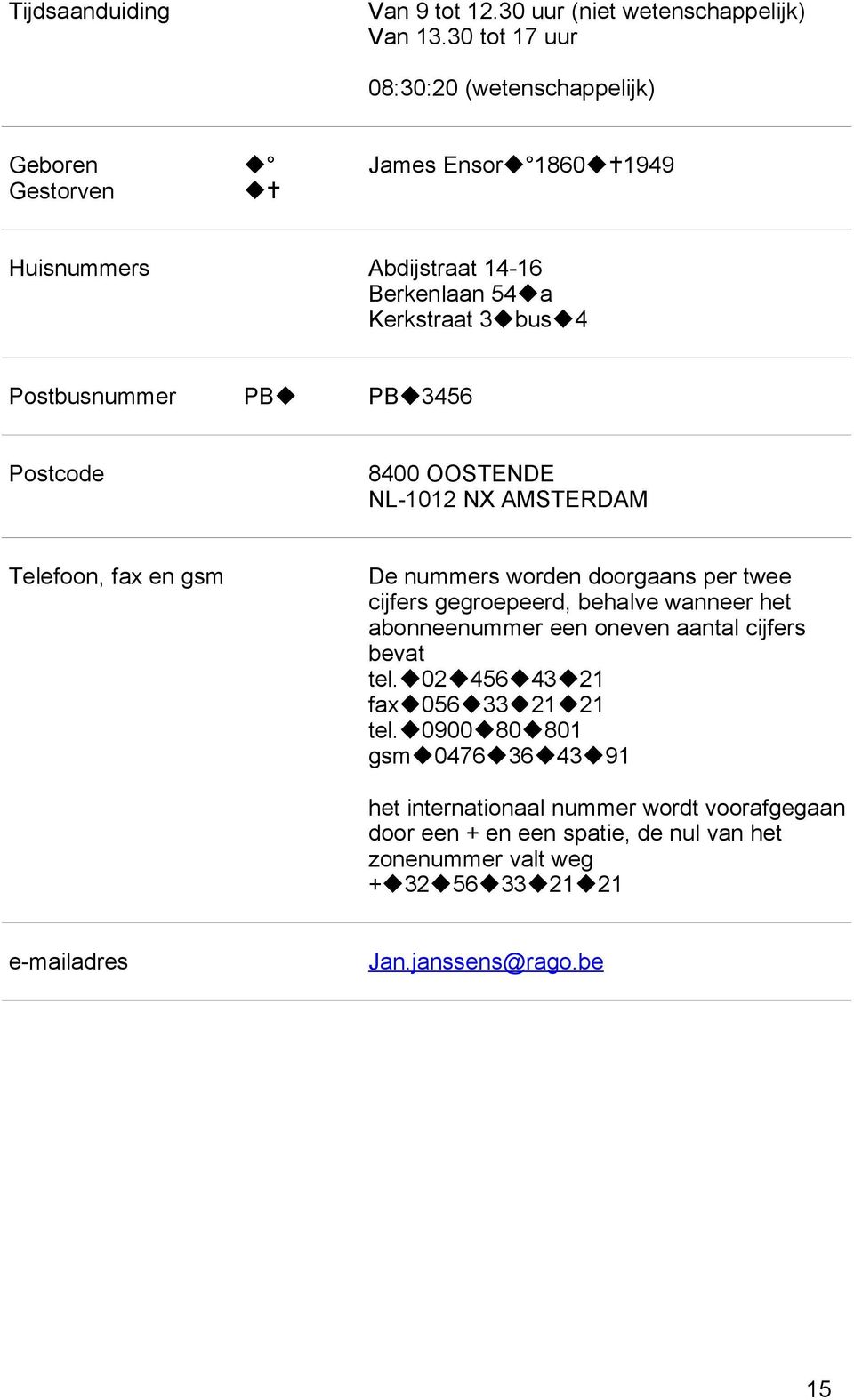 PB PB3456 Postcode 8400 OOSTENDE NL-1012 NX AMSTERDAM Telefoon, fax en gsm De nummers worden doorgaans per twee cijfers gegroepeerd, behalve wanneer het