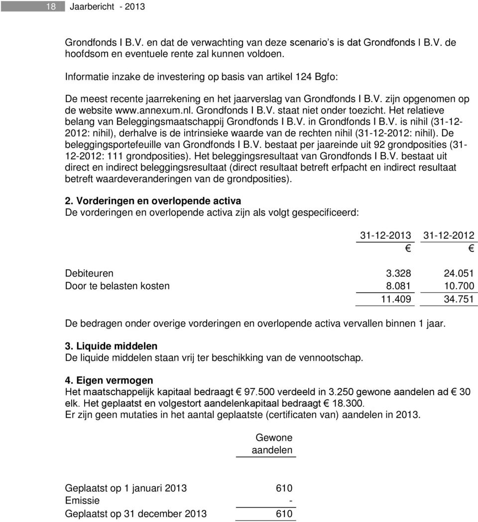 Het relatieve belang van Beleggingsmaatschappij Grondfonds I B.V. in Grondfonds I B.V. is nihil (31-12- 2012: nihil), derhalve is de intrinsieke waarde van de rechten nihil (31-12-2012: nihil).