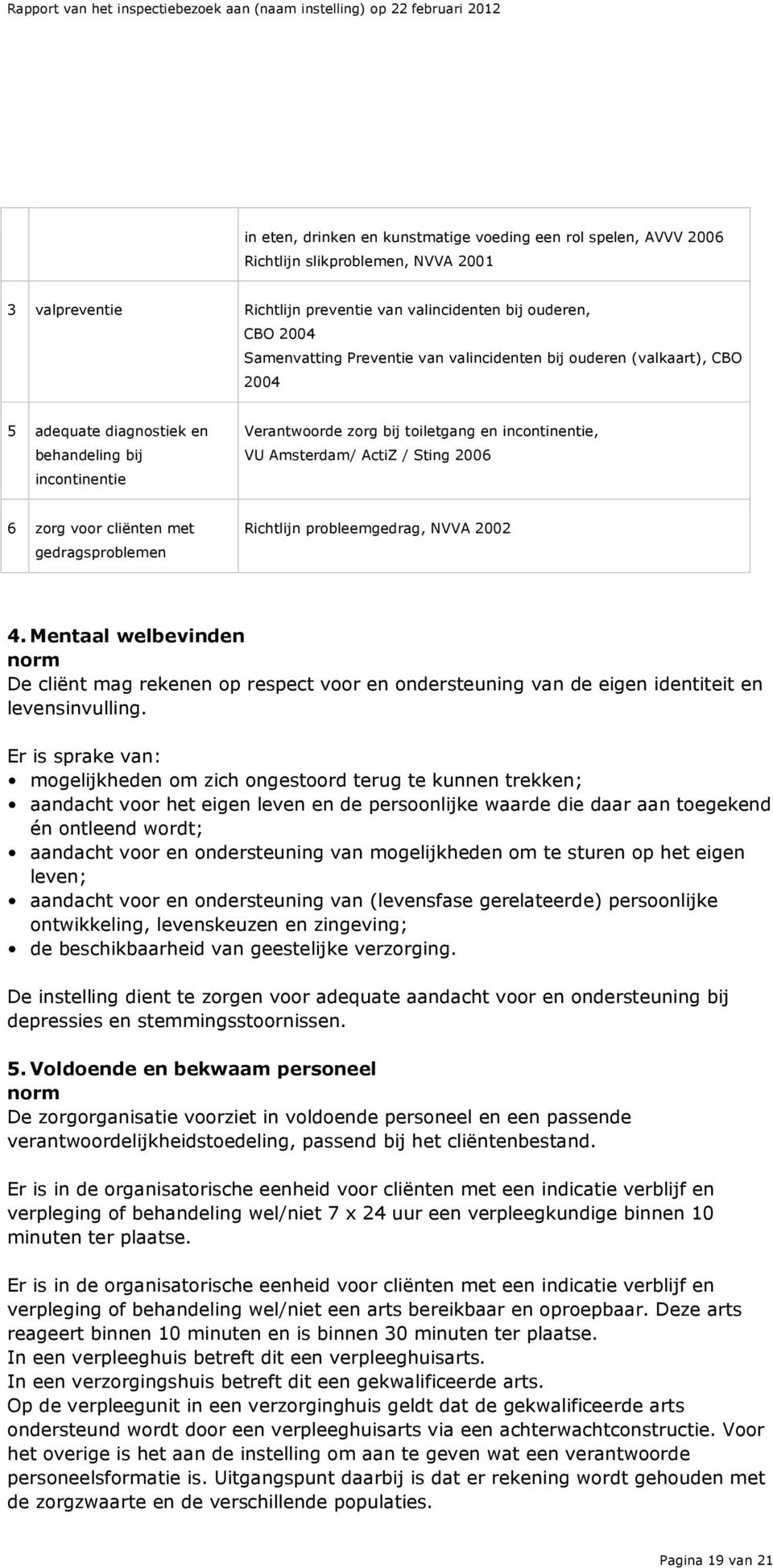 bij toiletgang en incontinentie, VU Amsterdam/ ActiZ / Sting 2006 6 zorg voor cliënten met gedragsproblemen Richtlijn probleemgedrag, NVVA 2002 4.