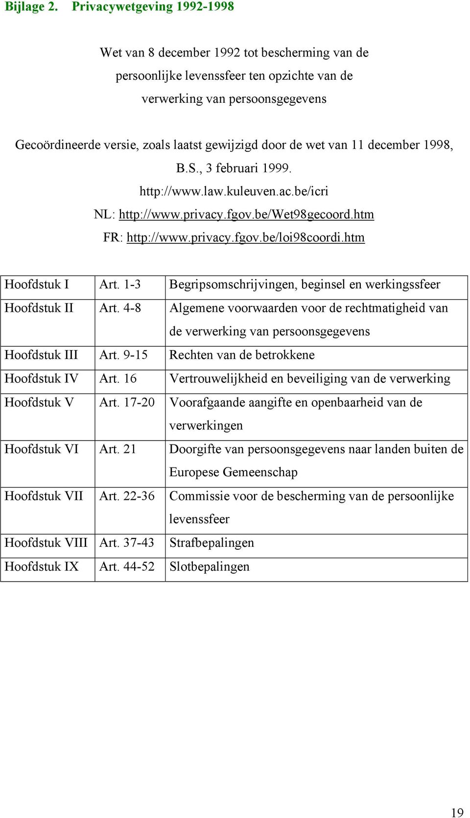 door de wet van 11 december 1998, B.S., 3 februari 1999. http://www.law.kuleuven.ac.be/icri NL: http://www.privacy.fgov.be/wet98gecoord.htm FR: http://www.privacy.fgov.be/loi98coordi.