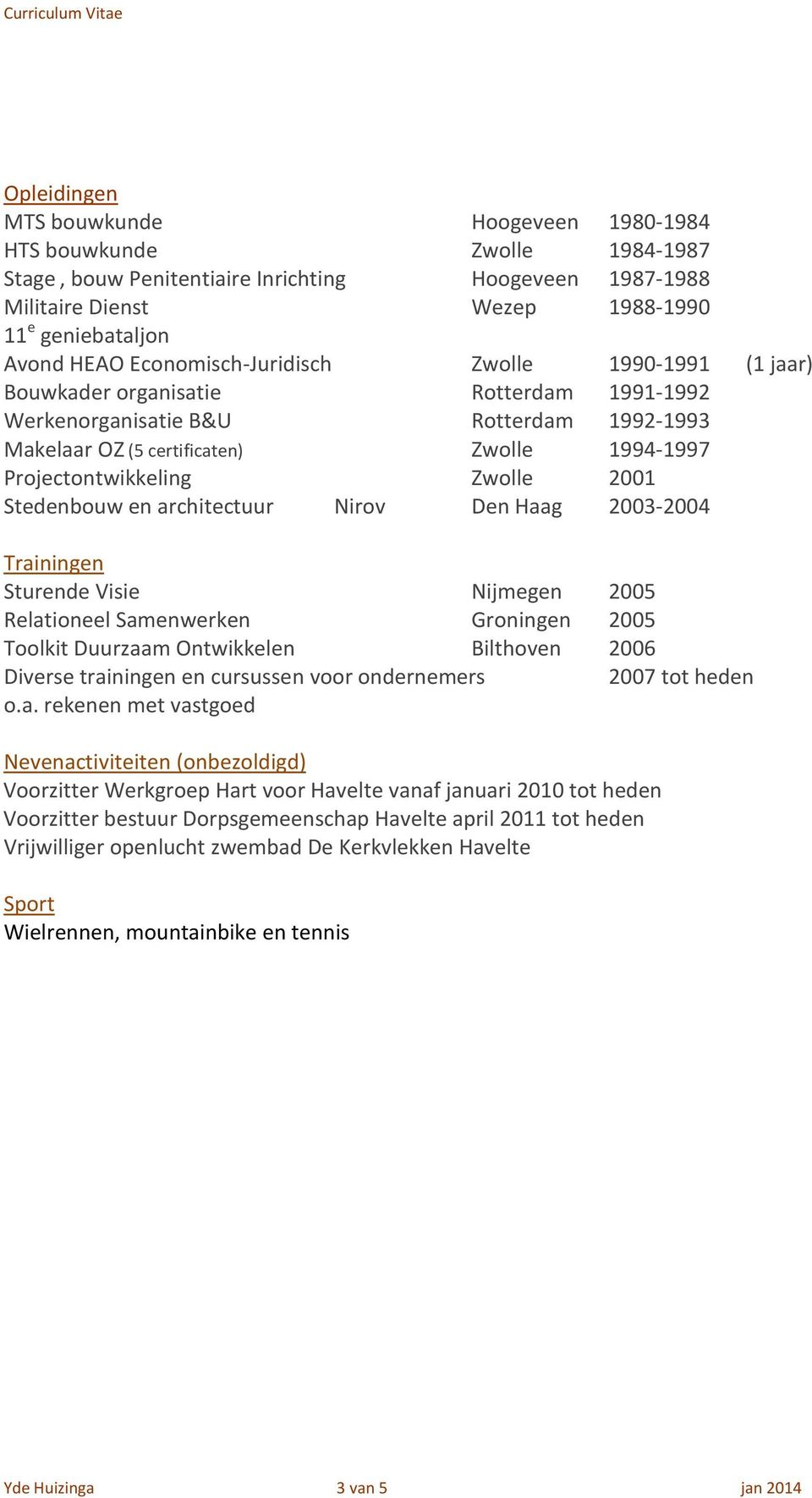 Zwolle 2001 Stedenbouw en architectuur Nirov Den Haag 2003-2004 Trainingen Sturende Visie Nijmegen 2005 Relationeel Samenwerken Groningen 2005 Toolkit Duurzaam Ontwikkelen Bilthoven 2006 Diverse