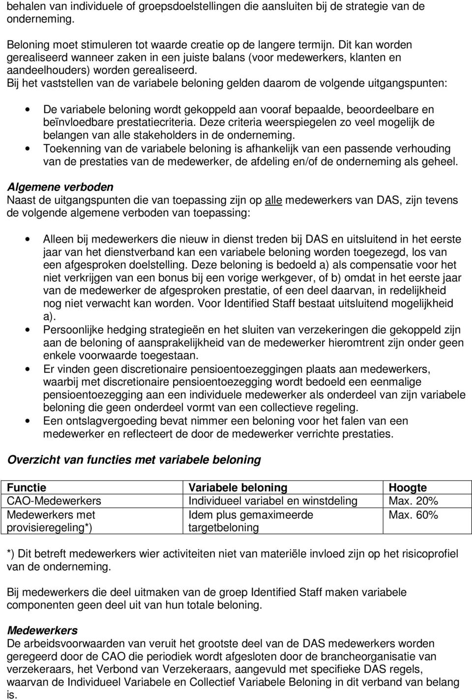 Bij het vaststellen van de variabele beloning gelden daarom de volgende uitgangspunten: De variabele beloning wordt gekoppeld aan vooraf bepaalde, beoordeelbare en beïnvloedbare prestatiecriteria.