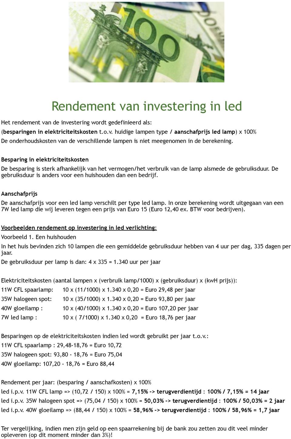 Aanschafprijs De aanschafprijs voor een led lamp verschilt per type led lamp. In onze berekening wordt uitgegaan van een 7W led lamp die wij leveren tegen een prijs van Euro 15 (Euro 12,40 ex.