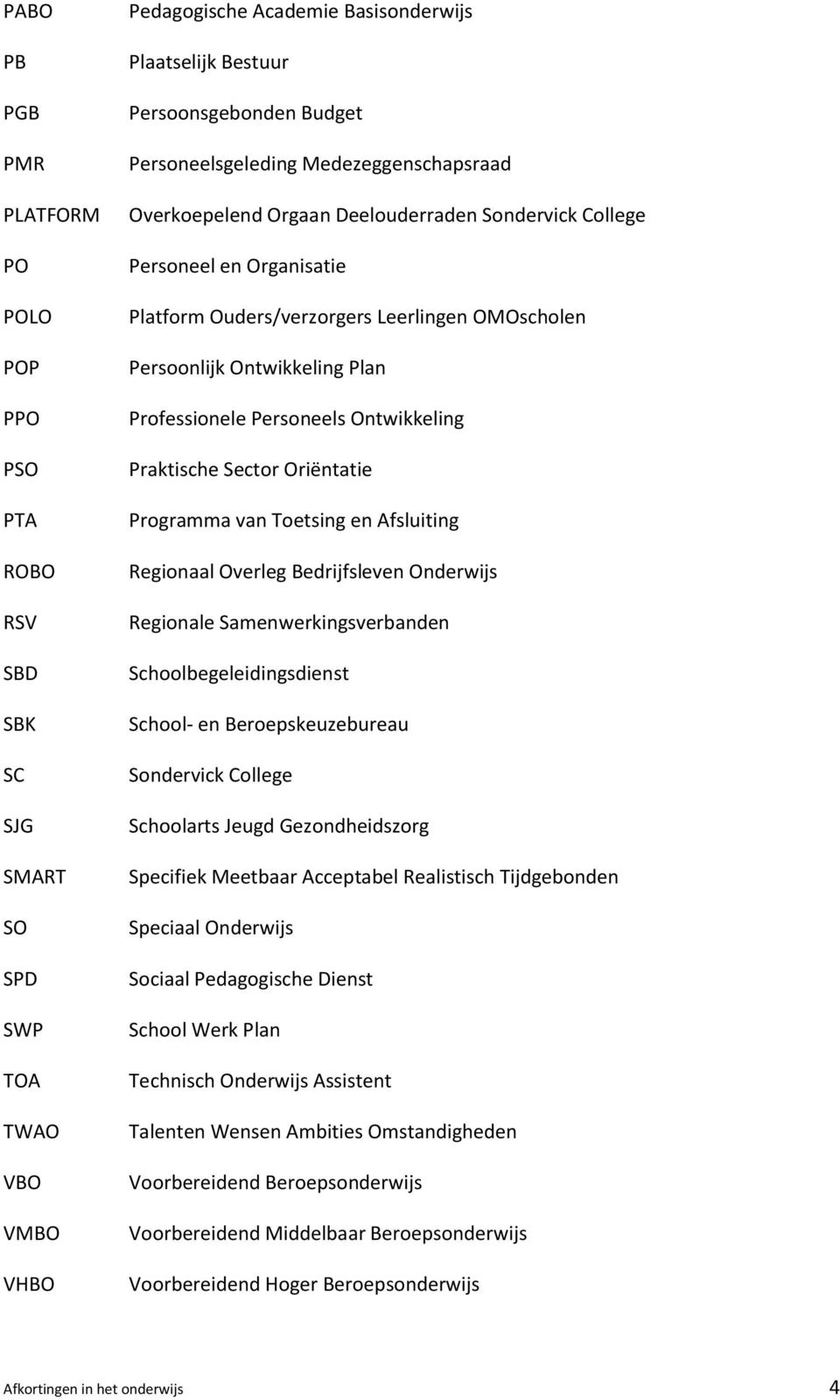 Professionele Personeels Ontwikkeling Praktische Sector Oriëntatie Programma van Toetsing en Afsluiting Regionaal Overleg Bedrijfsleven Onderwijs Regionale Samenwerkingsverbanden