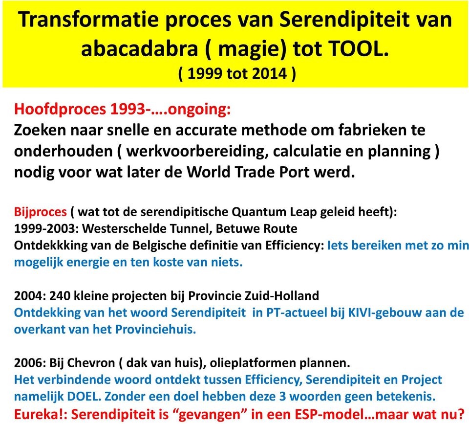 Bijproces( wat tot de serendipitische Quantum Leap geleid heeft): 1999-2003: Westerschelde Tunnel, Betuwe Route Ontdekkking van de Belgische definitie van Efficiency: Iets bereiken met zo min