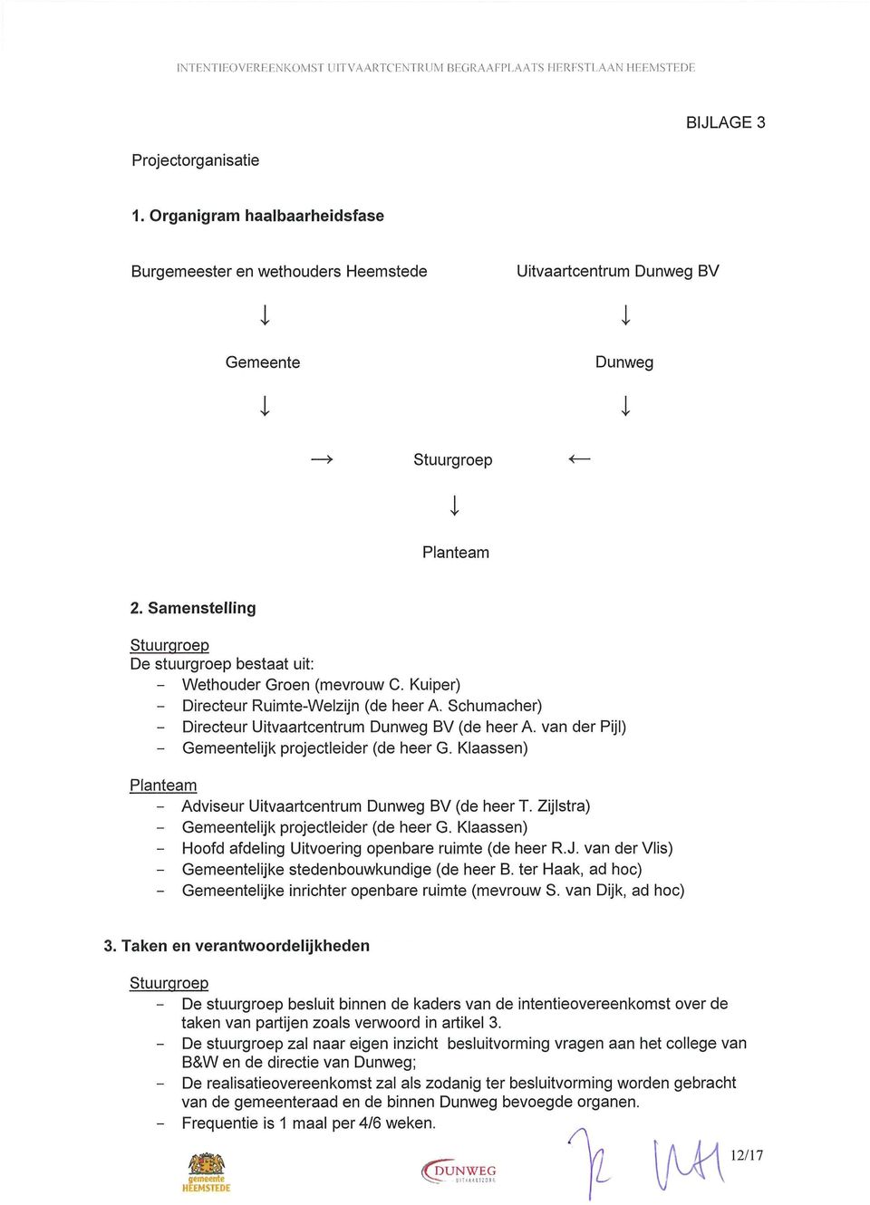 Samenstelling Stuurgroep De stuurgroep bestaat uit: - Wethouder Groen (mevrouw C. Kuiper) - Directeur Ruimte-Welzijn (de heer A. Schumacher) - Directeur Uitvaartcentrum Dunweg BV (de heer A.