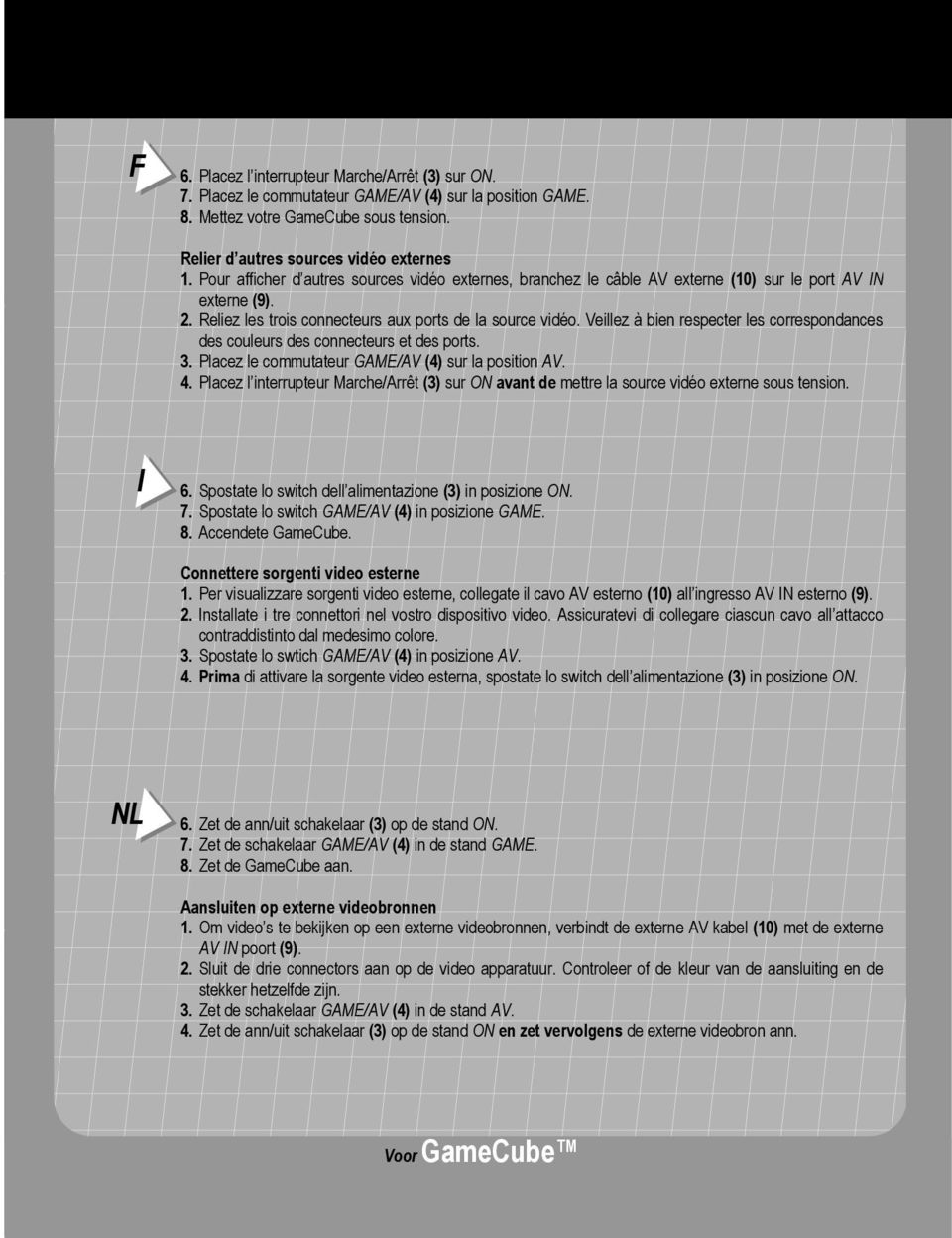 Veillez à bien respecter les correspondances des couleurs des connecteurs et des ports. 3. Placez le commutateur GAME/AV (4) sur la position AV. 4.