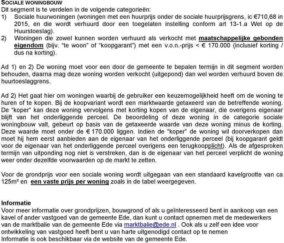 te woon of koopgarant ) met een v.o.n.-prijs < 170.000 (inclusief korting / dus na korting).