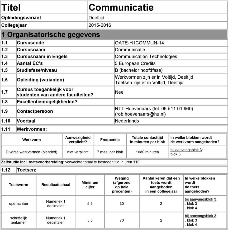 7 Cursus toegankelijk voor studenten van andere faculteiten? 1.8 Excellentiemogelijkheden? 1.9 Contactpersoon Werkvormen zijn er in Voltijd, Deeltijd Toetsen zijn er in Voltijd, Deeltijd Nee 1.