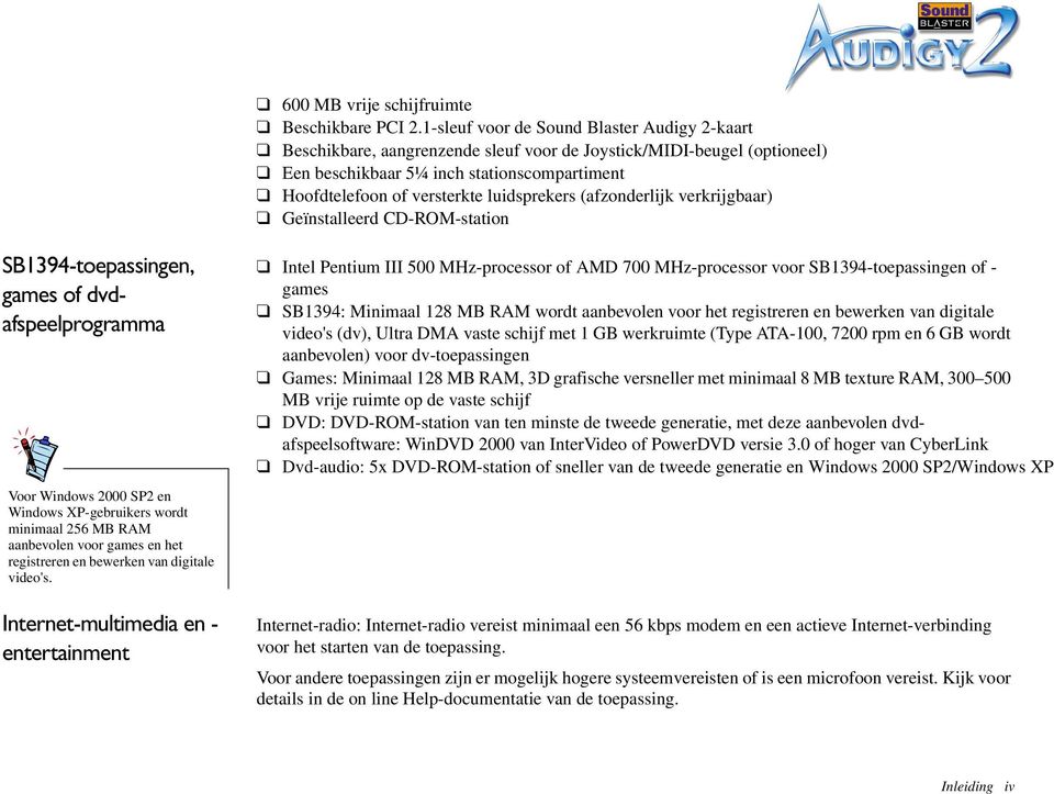 luidsprekers (afzonderlijk verkrijgbaar) Geïnstalleerd CD-ROM-station SB1394-toepassingen, games of dvdafspeelprogramma Voor Windows 2000 SP2 en Windows XP-gebruikers wordt minimaal 256 MB RAM